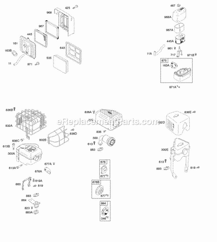 Air Cleaner Exhaust System Rewind Starter Diagram and Parts List for 127332-0133-B8  Briggs and Stratton Engine
